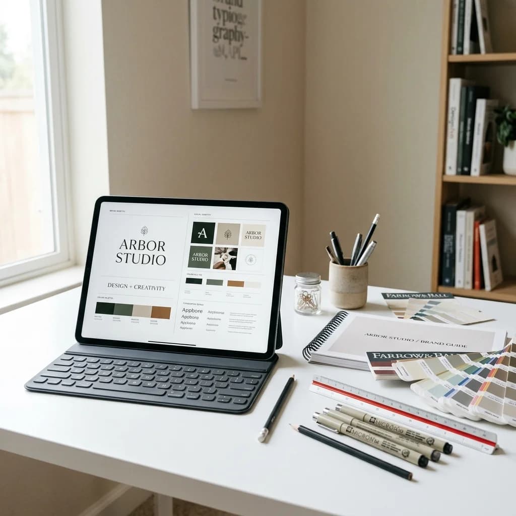 Arbor Studio designer's workspace with brand identity system on iPad and color swatches