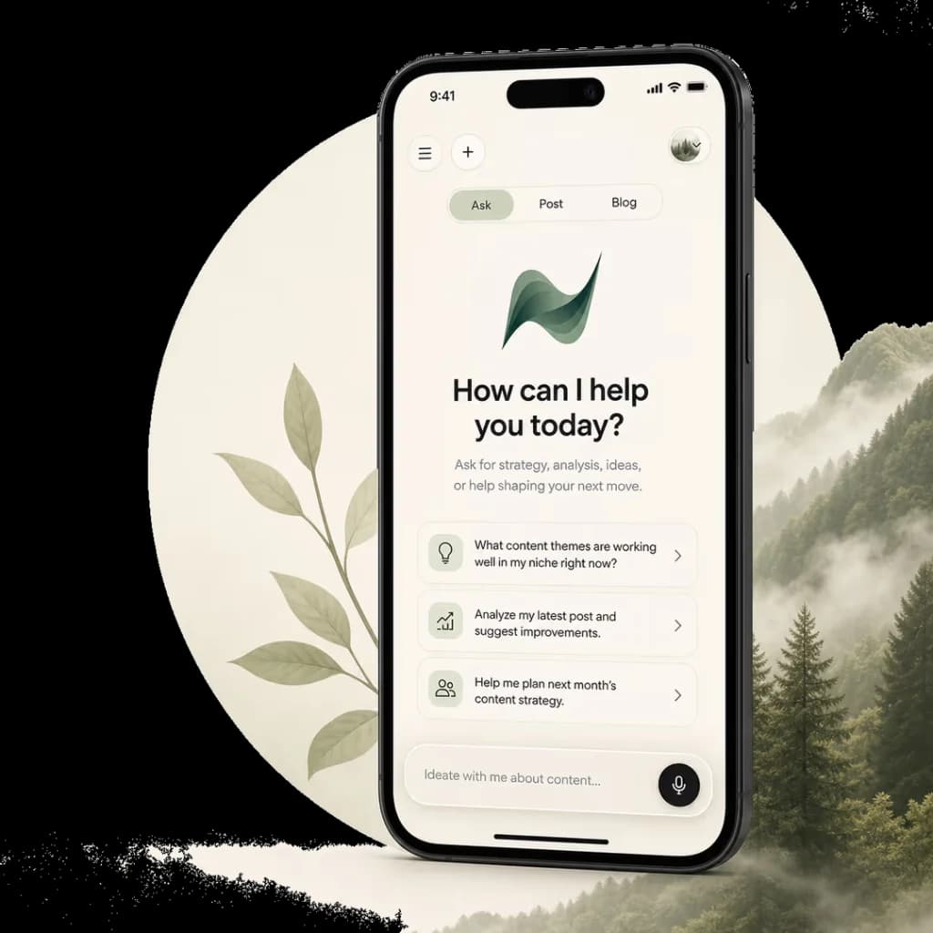 Nebva mobile chat showing the Ask, Post, and Blog modes, content suggestions, and the conversational composer