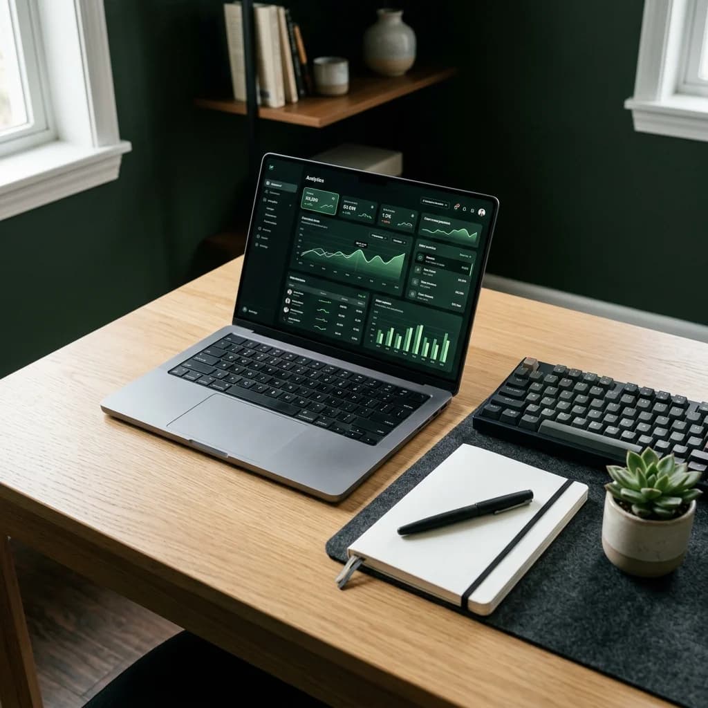 SaaS founder desk with dark analytics dashboard on laptop, editorial brand visual